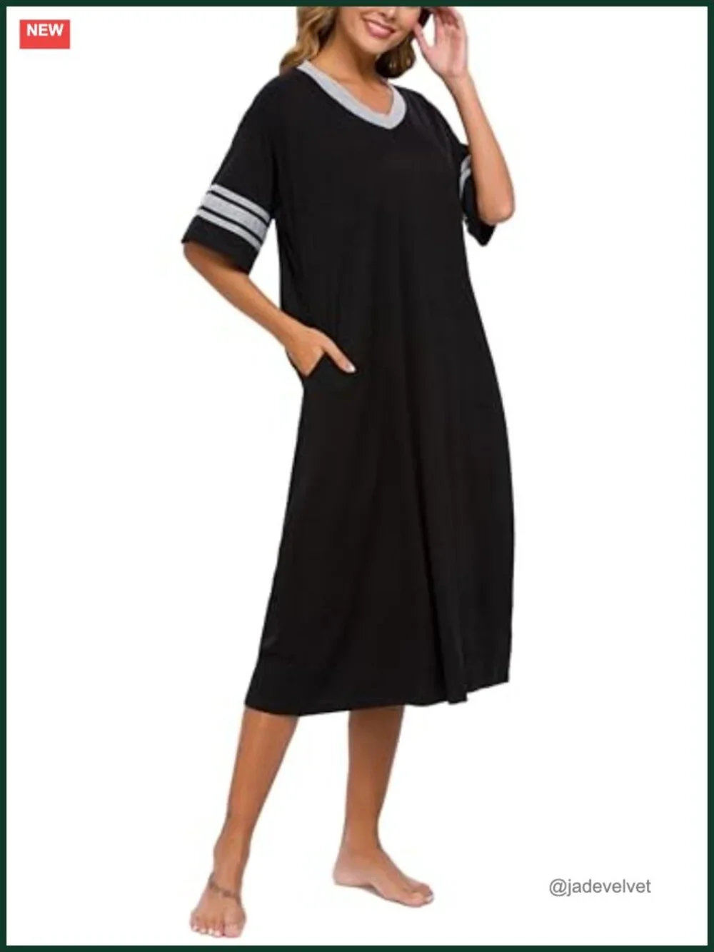 Full Length Nightgown V Neck Knit Soft with Pockets S-XXL